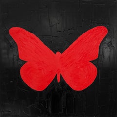 ""Mon papillon rouge électrique" - Peinture à l'huile contemporaine rouge et noire sur toile