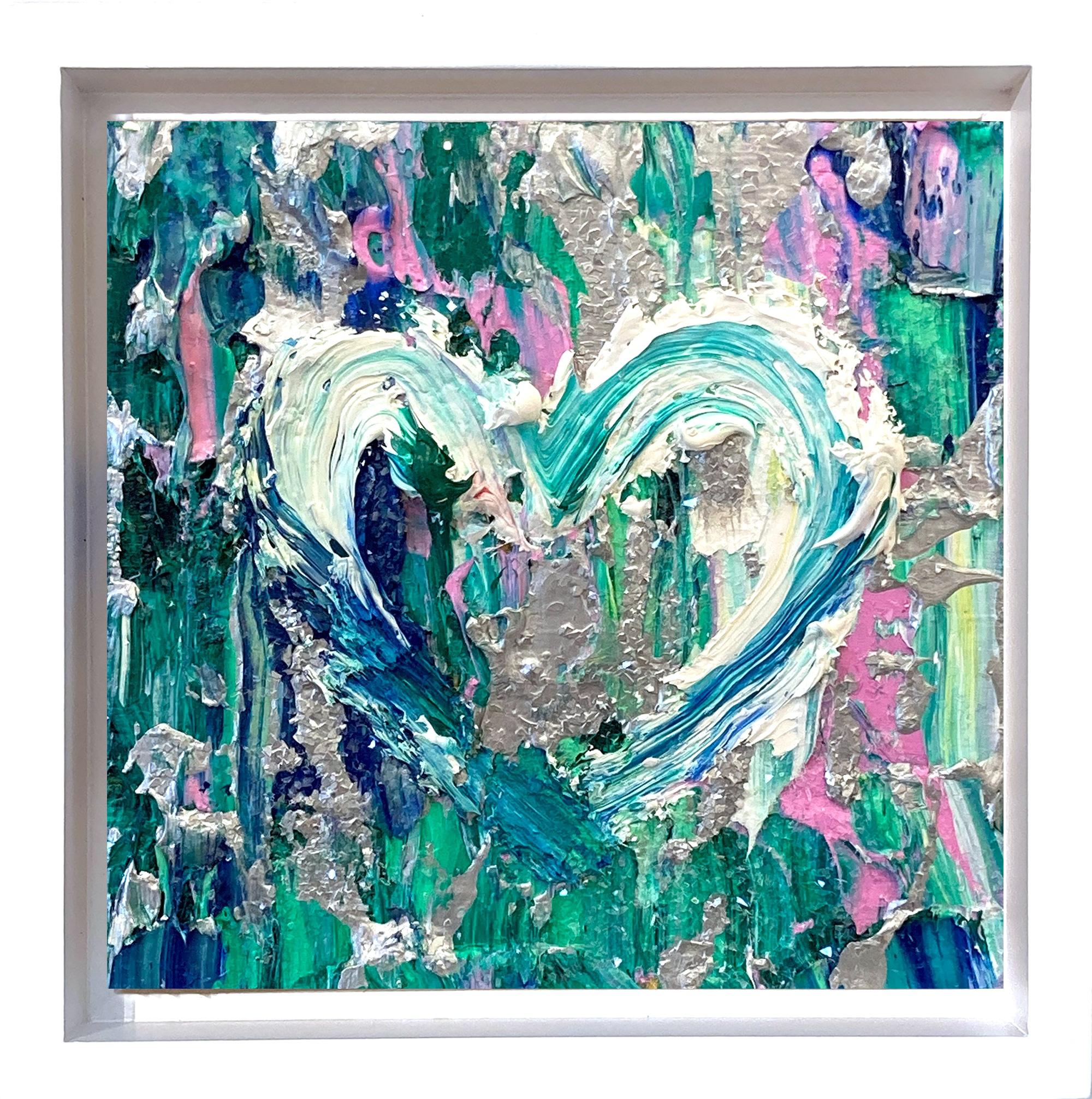 Abstract Painting de Cindy Shaoul - "Mi Corazón de Ciudad Esmeralda" Pintura al Óleo Pop Art Polvo de Diamantes con Marco Flotante Blanco