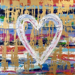 Peinture à l'huile contemporaine multicolore et or sur toile "My Falling in Love Heart".