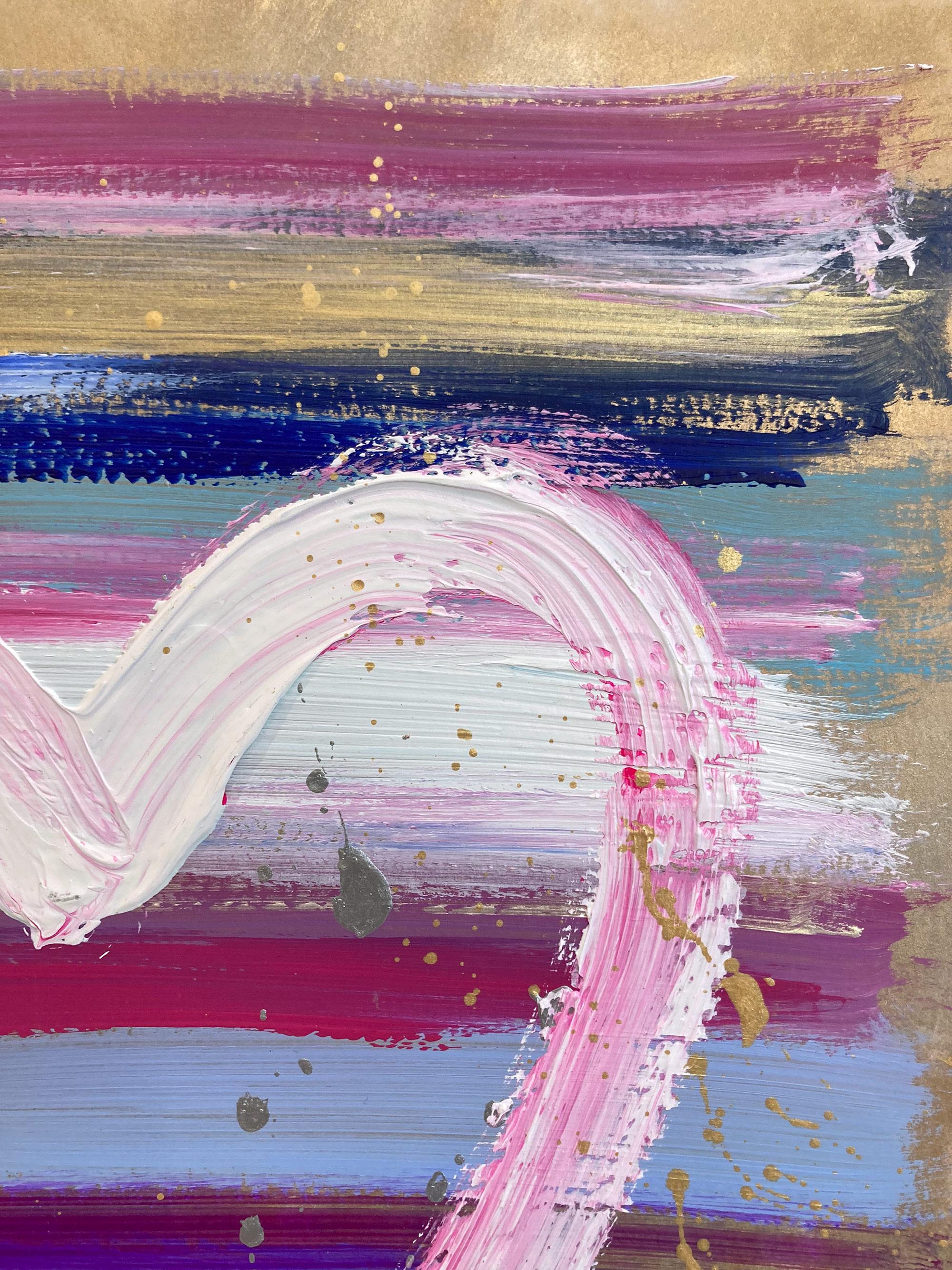 « My Free Heart », peinture abstraite colorée à l'acrylique et à la feuille d'or sur papier - Gris Abstract Painting par Cindy Shaoul