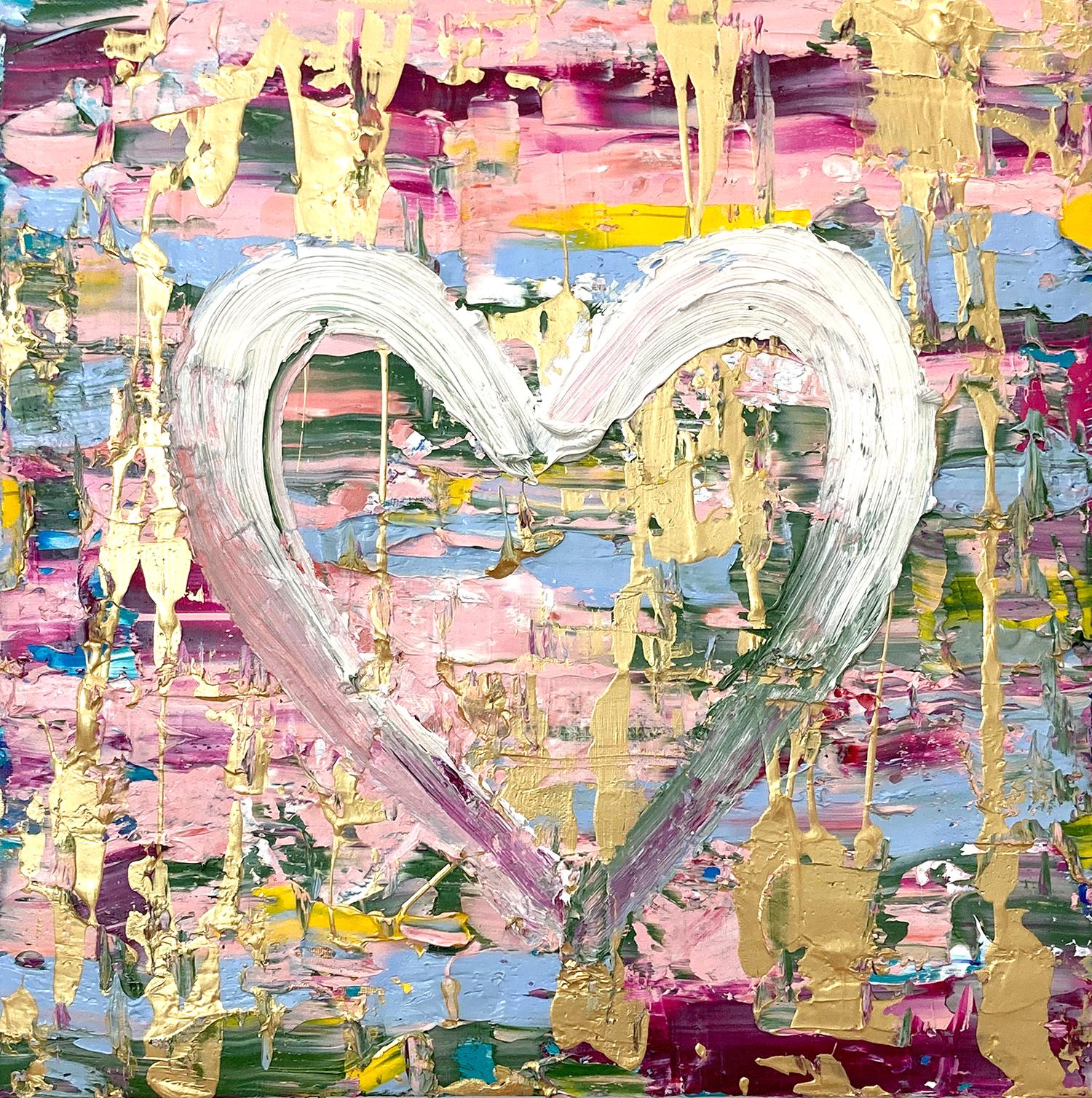 Figurative Painting Cindy Shaoul - Peinture à l'huile contemporaine sur toile "My Garden of Time Heart" colorée et dorée