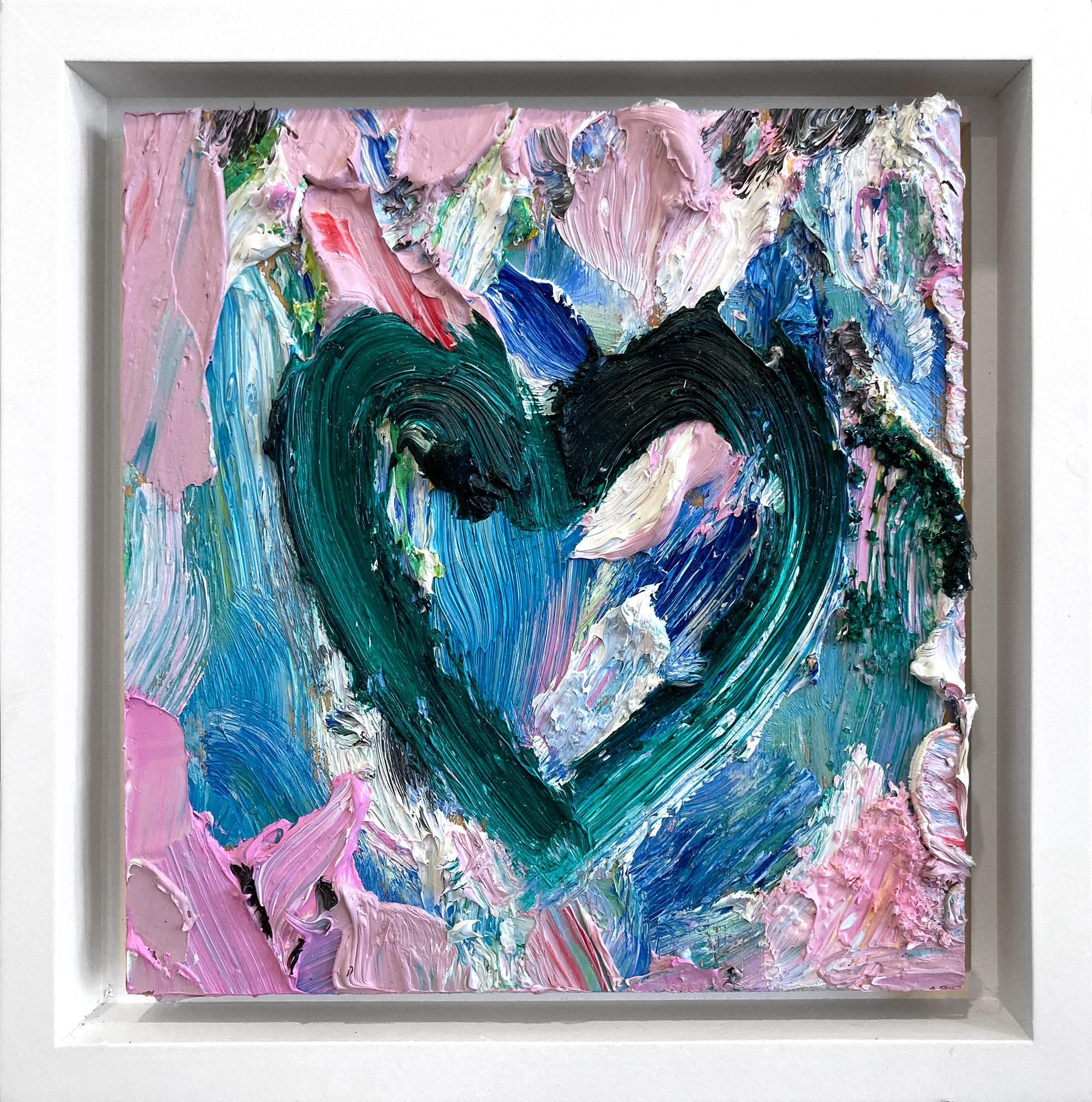 "My Garden of Time Heart" Colorful Pop Art Oil Painting in White Floater Frame