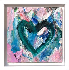 Cindy Shaoul - "My Garden of Time Heart" Colorful Pop Art Oil Painting in White Floater Frame "My Garden of Time Heart" Colorful Pop Art Oil Painting in White Floater Frame