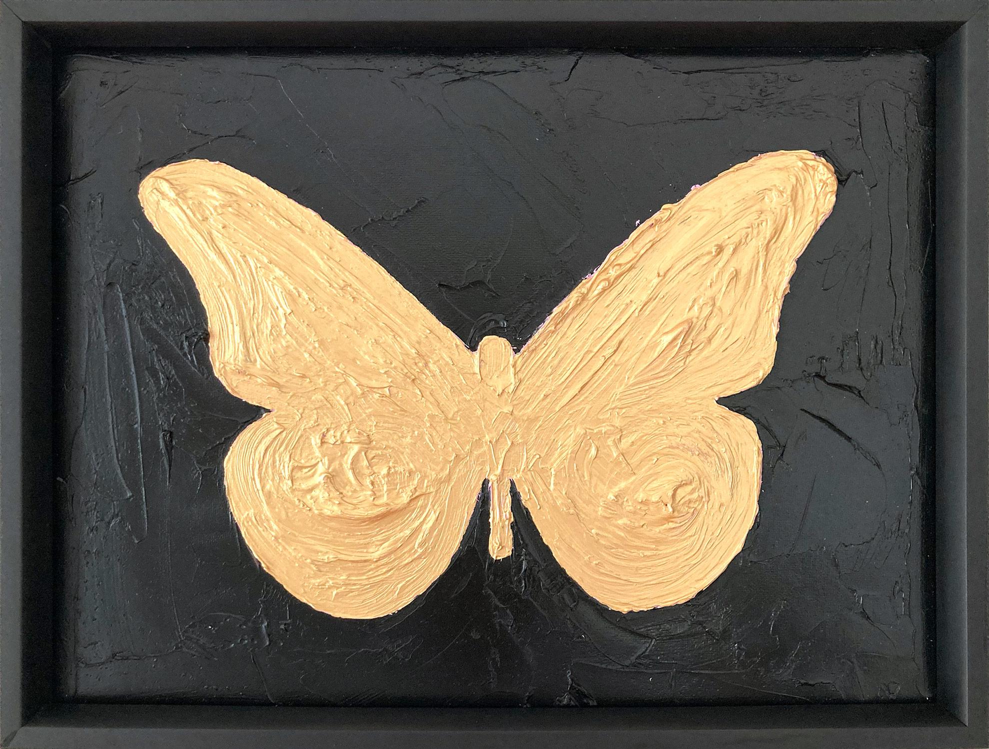 Cindy Shaoul Abstract Painting - "My Gold Butterfly" Gold and Black Contemporary Oil Painting Framed 