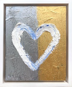 "Mi corazón de oro y plata" Pintura al óleo pop sobre madera con marco flotante blanco