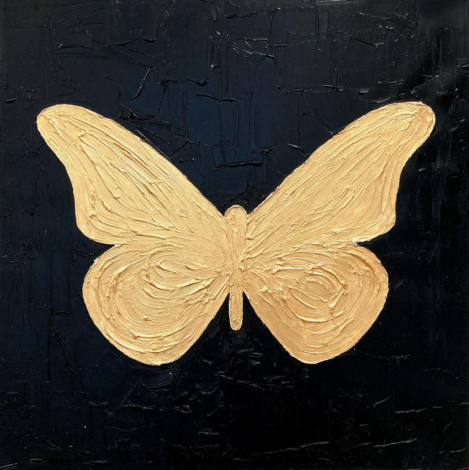Zeitgenössisches Ölgemälde auf Leinwand ""Mein goldener Schmetterling" in Gold und Schwarz