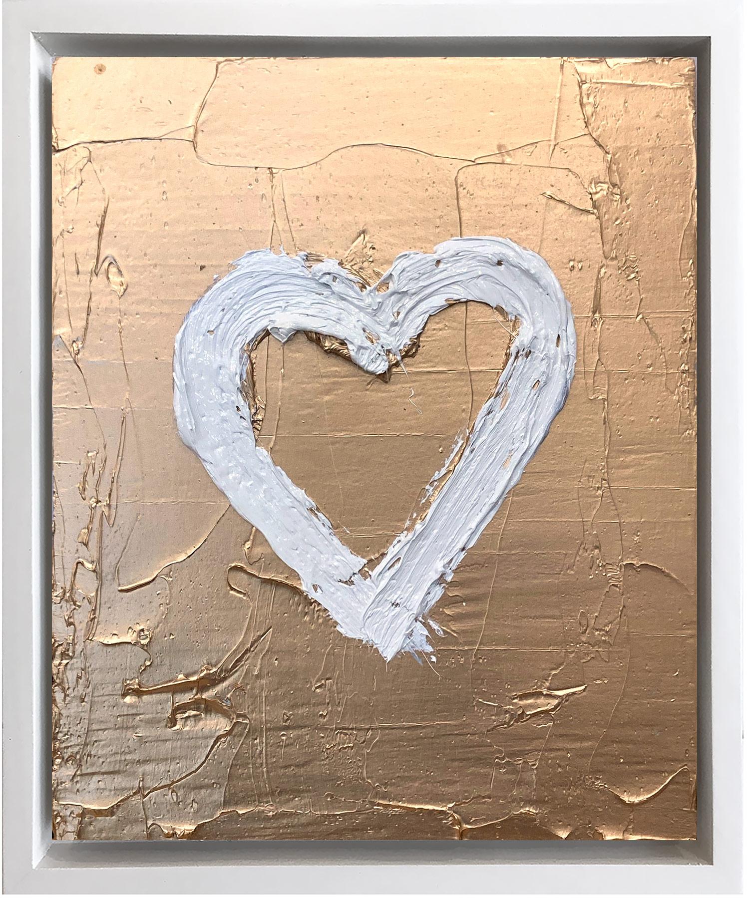 Cindy Shaoul Abstract Painting - "My Golden Locket Heart" Gold Pop Oil Painting Wood With White Floater Frame