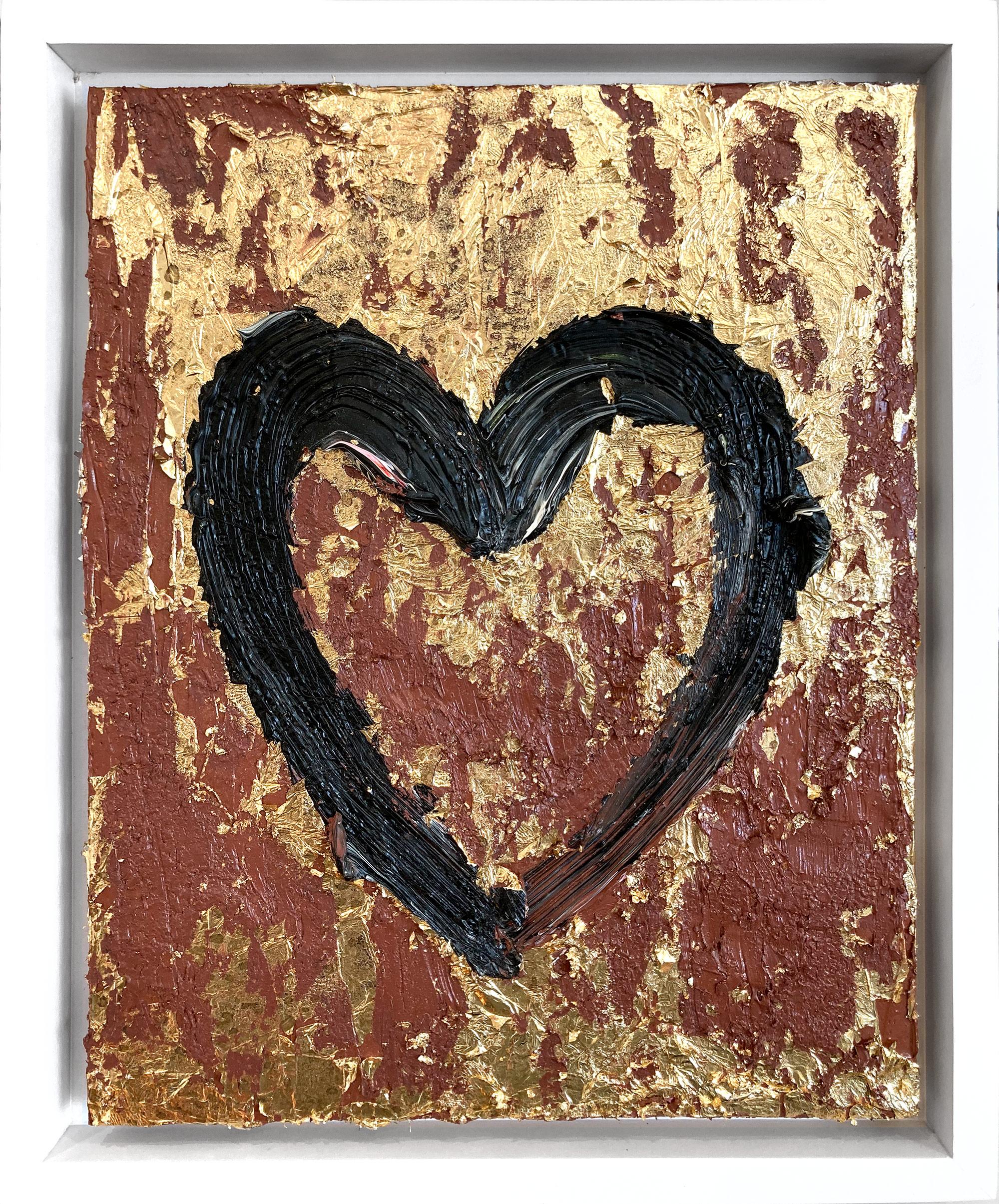 Cindy Shaoul Figurative Painting - "My Good as Gold Heart" Gold & Amber Pop Oil Painting on Wood with Floater Frame