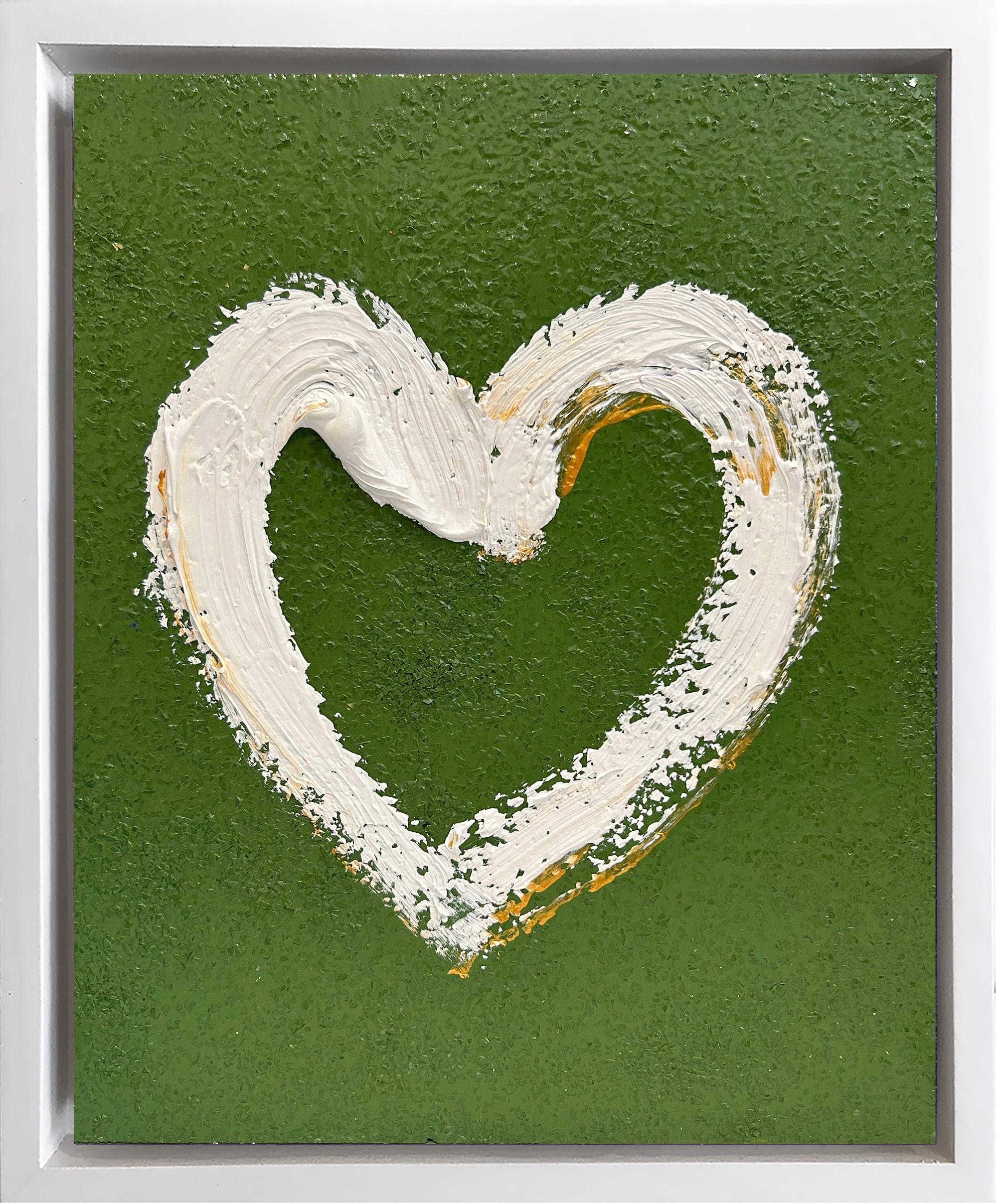 "My Green Mike and Ike Heart" Dark Olive Green Oil Painting w Wood Floater Frame