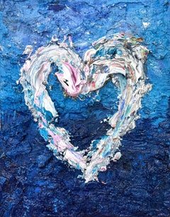 "My Gucci Blue Heart" Contemporary Oil Painting on Wood with White Floater Frame