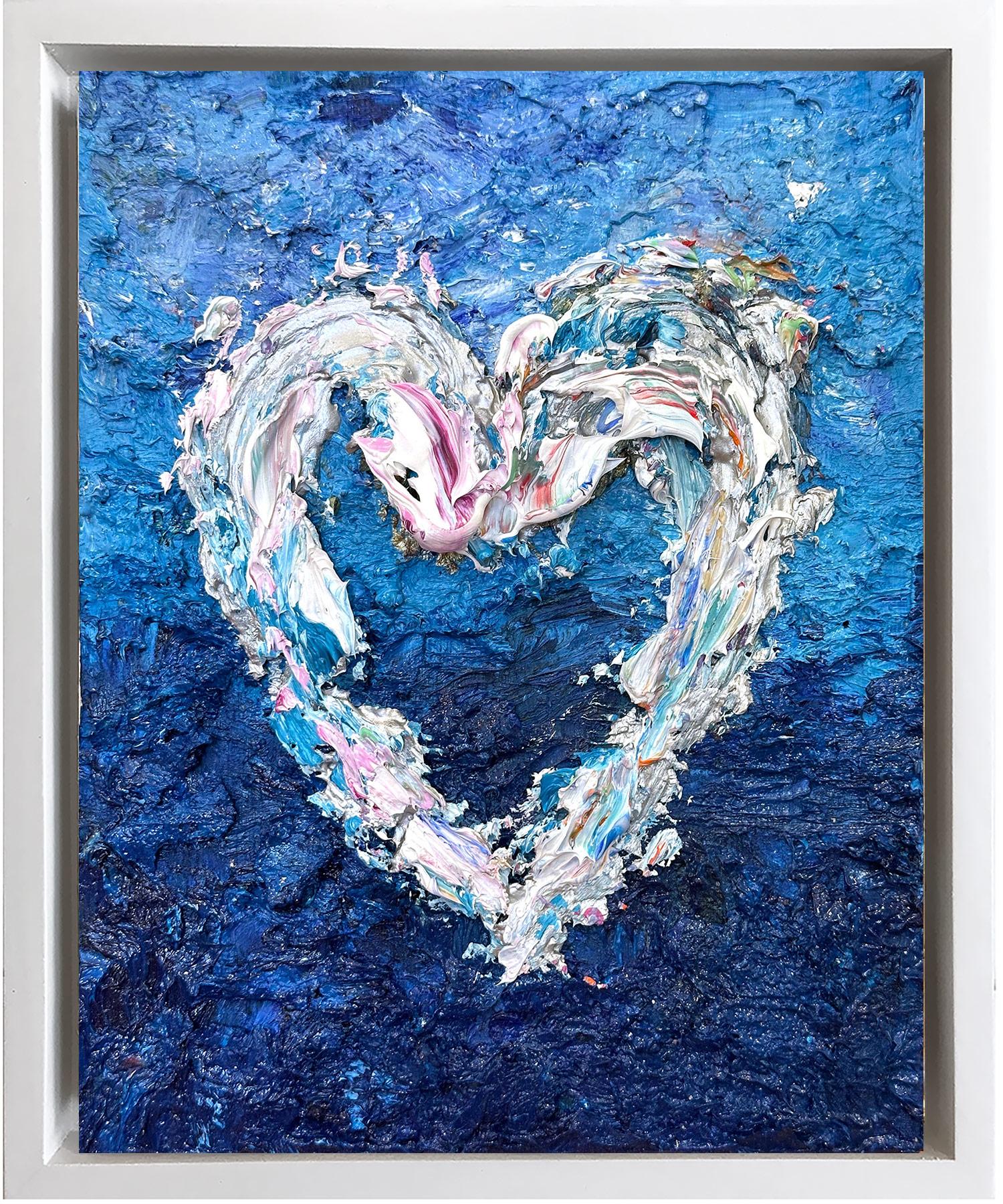 "My Gucci Blue Heart" Peinture à l'huile contemporaine sur bois avec cadre flottant blanc