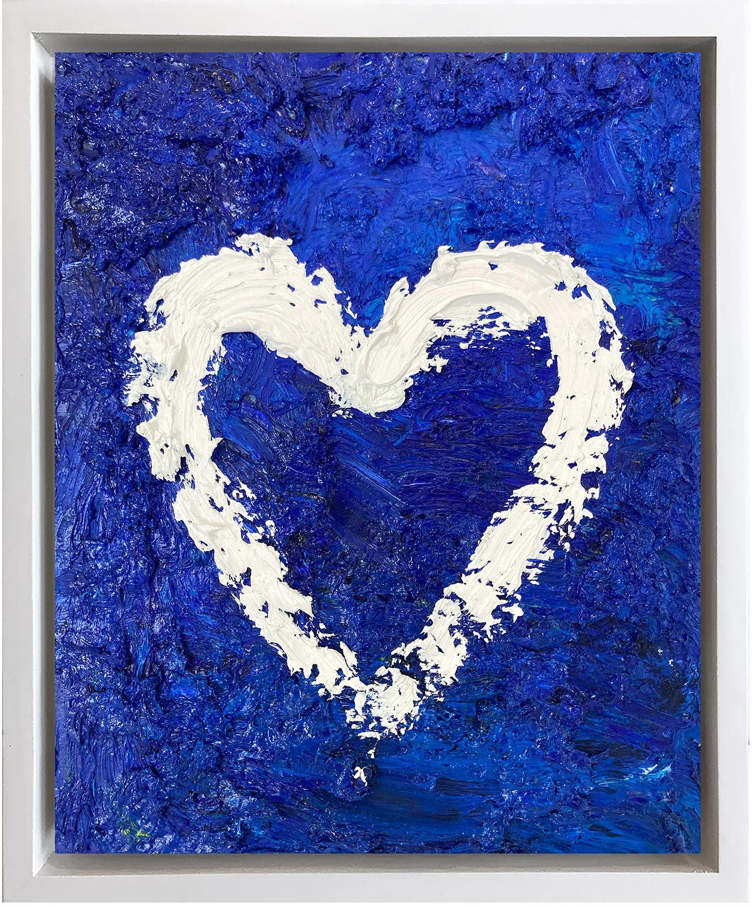 Cindy Shaoul Abstract Painting - "My Heart at Sea" Contemporary Pop Art Deep Blue Oil Painting with Floater Frame