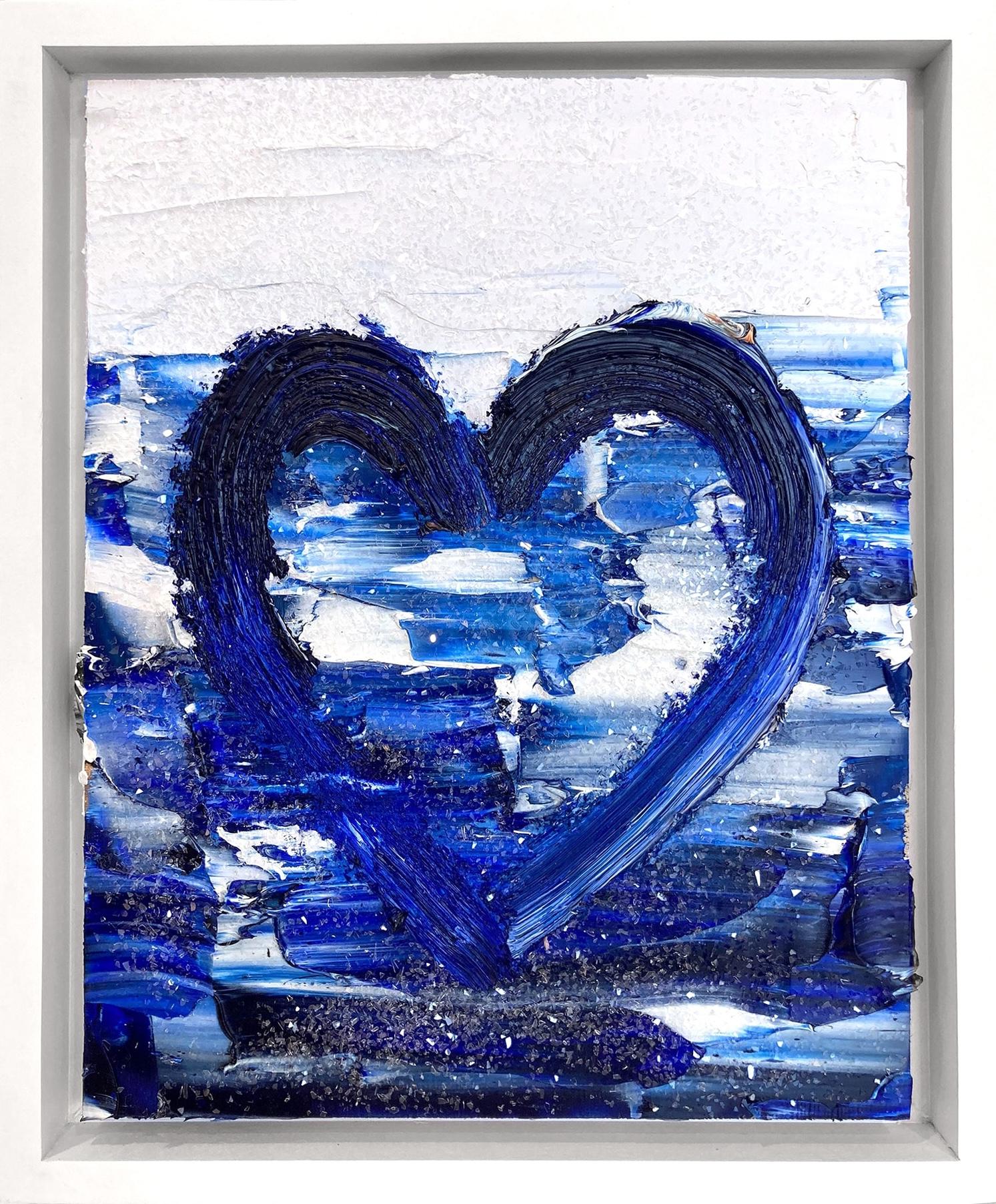"Il mio cuore nell'oceano" Pittura a olio blu e bianca su legno con cornice galleggiante bianca