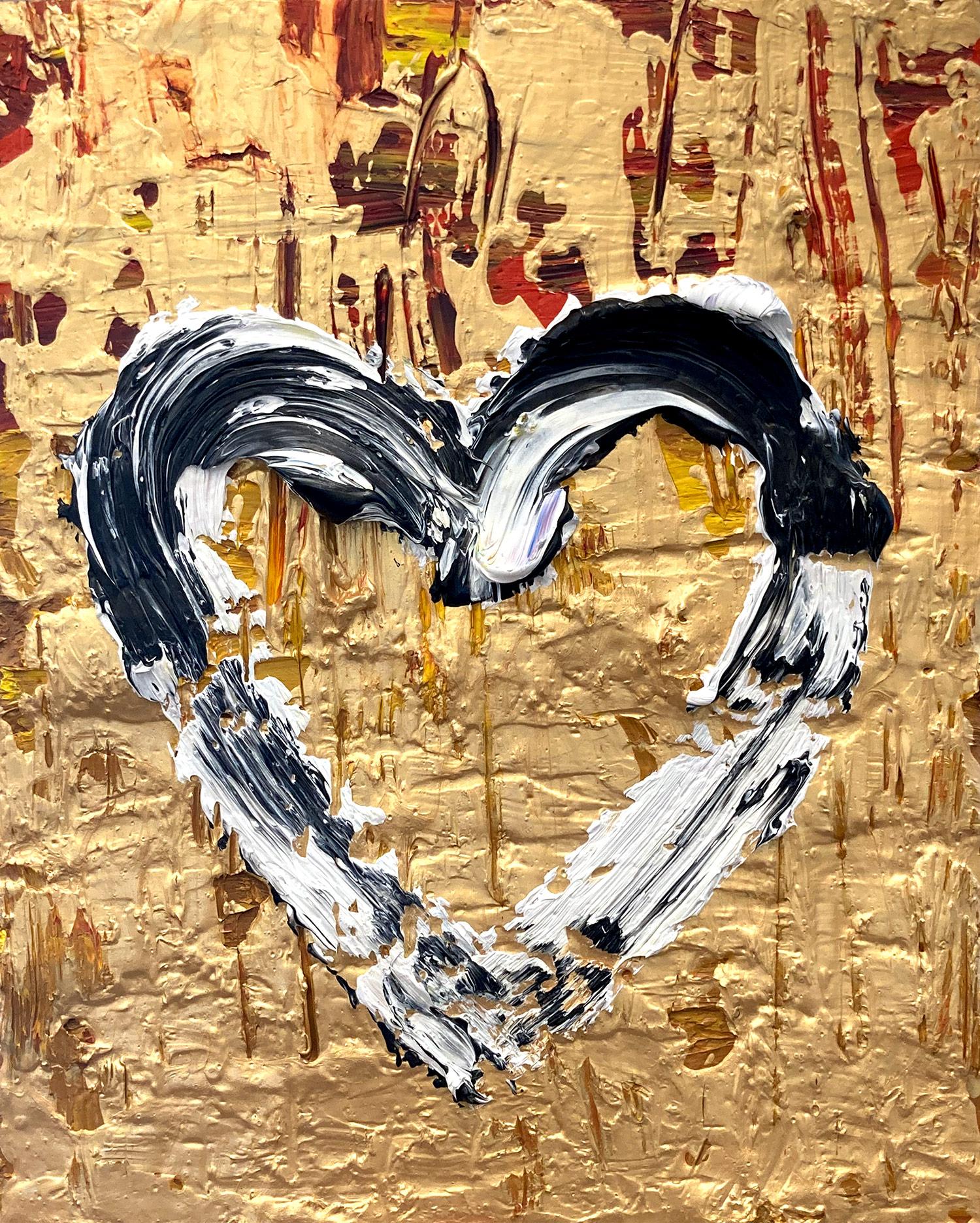 „My Heart on Fire“ Gold, Schwarz, Rot & Weißes Ölgemälde mit weißem Floater-Rahmen – Painting von Cindy Shaoul