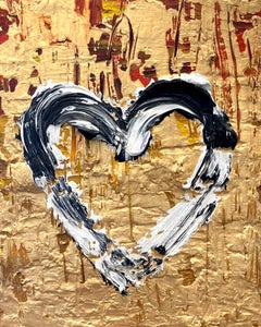 "My Heart on Fire" Gold, Black Red & White Oil Painting with White Floater Frame