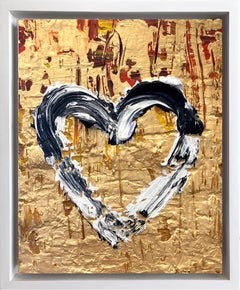 "My Heart on Fire" Gold, Black Red & White Oil Painting with White Floater Frame