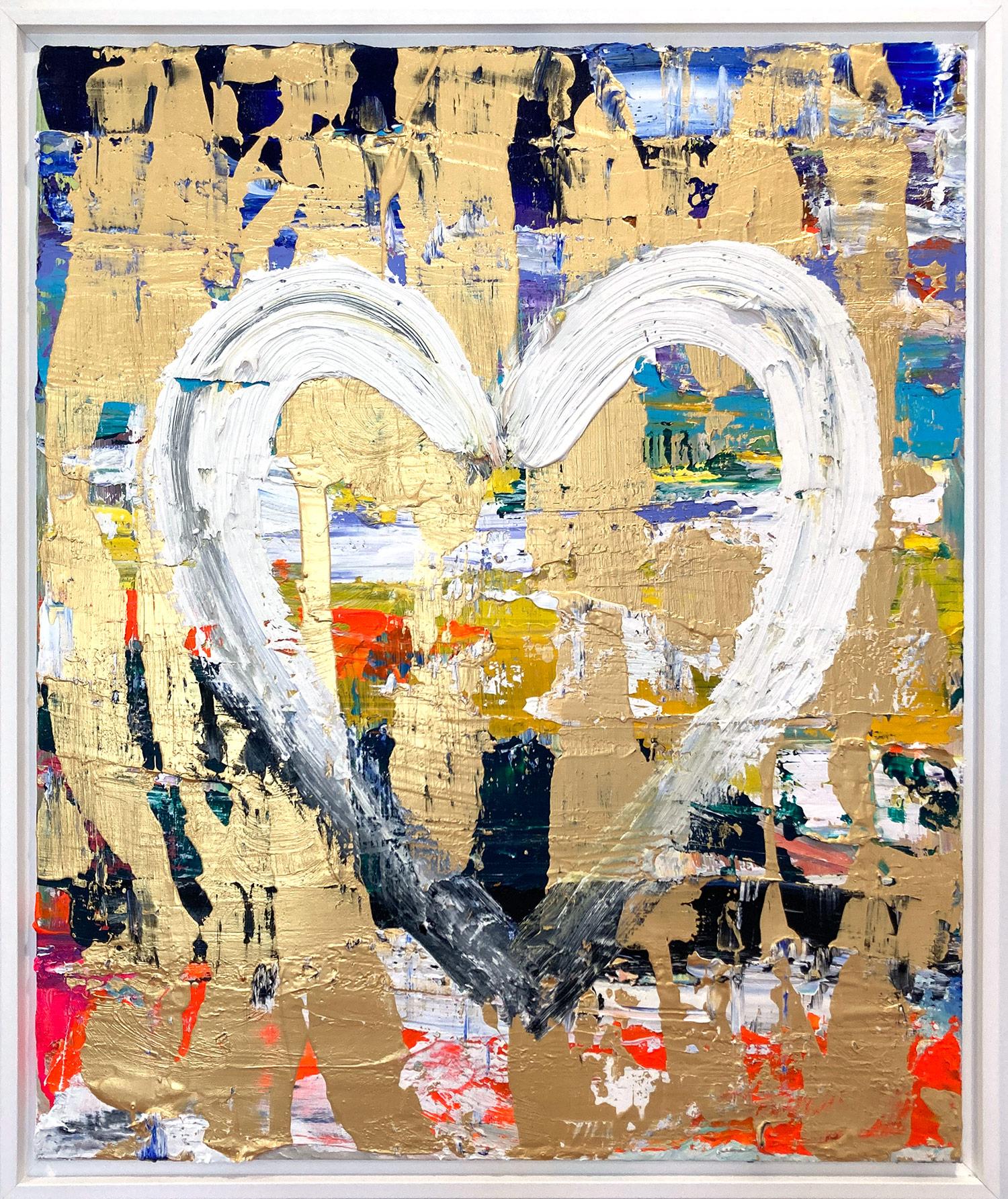Abstract Painting di Cindy Shaoul - "My Heart Rocks" Olio e tecnica mista con pittura pop dorata su tela incorniciata