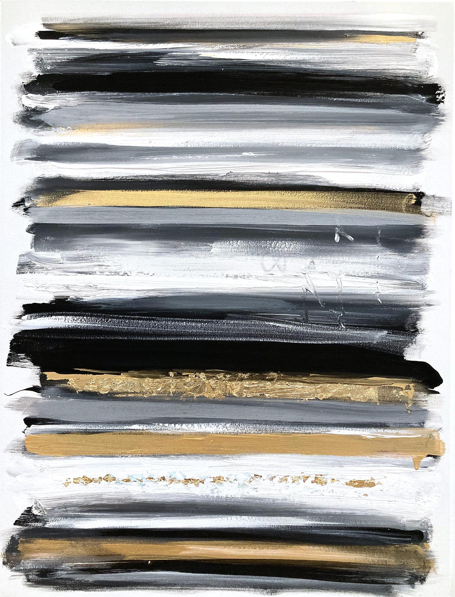 Abstract Painting di Cindy Shaoul - "Il mio orizzonte in oro, bianco e nero" Pittura contemporanea astratta in campo cromatico