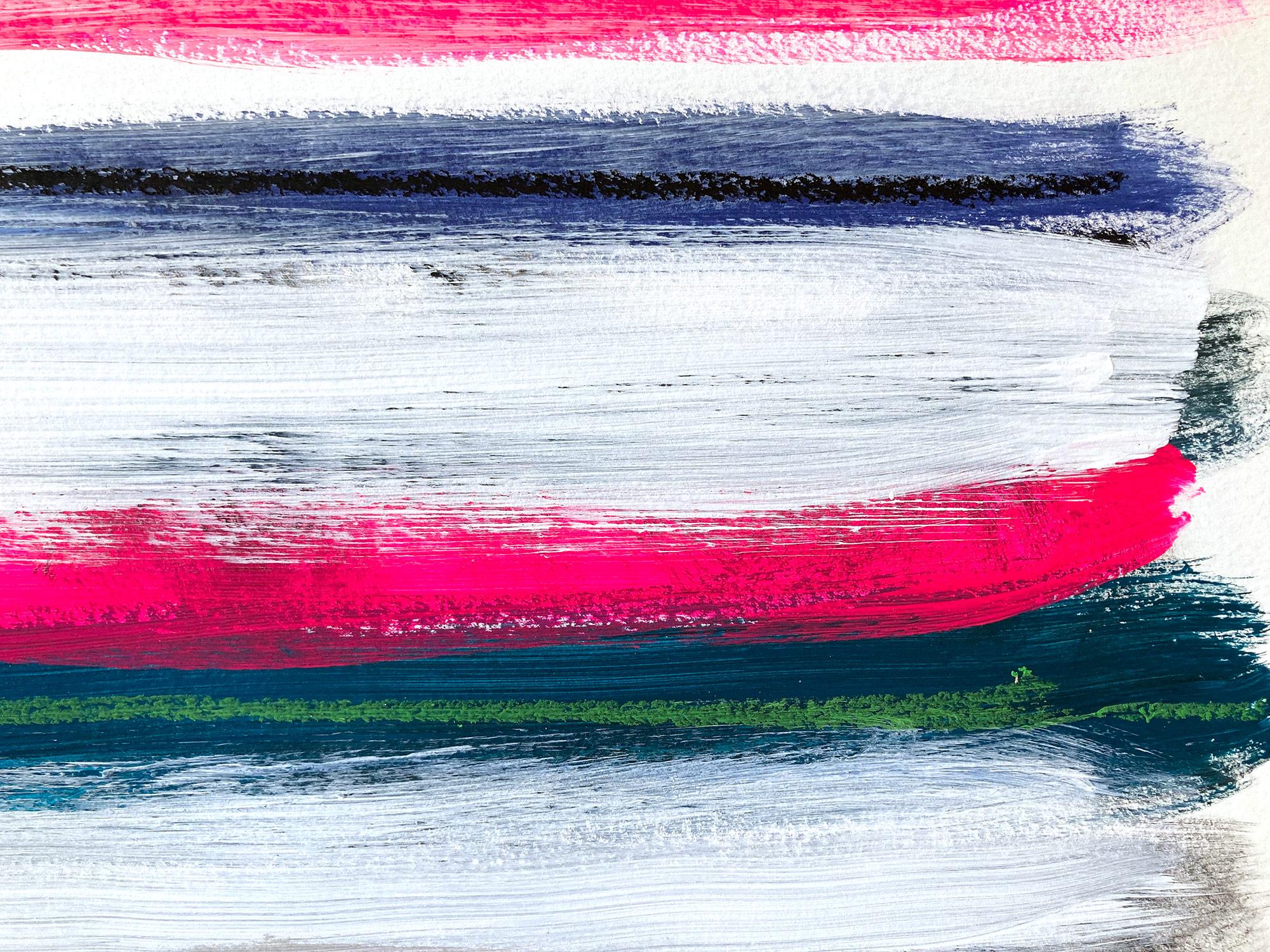 Une œuvre à l'acrylique et à l'huile sur papier épais avec une utilisation vive de la couleur et de la texture. Nous nous concentrons sur la simplicité de la beauté dans l'instant, alors que Shaoul crée une palette translucide mais très colorée avec