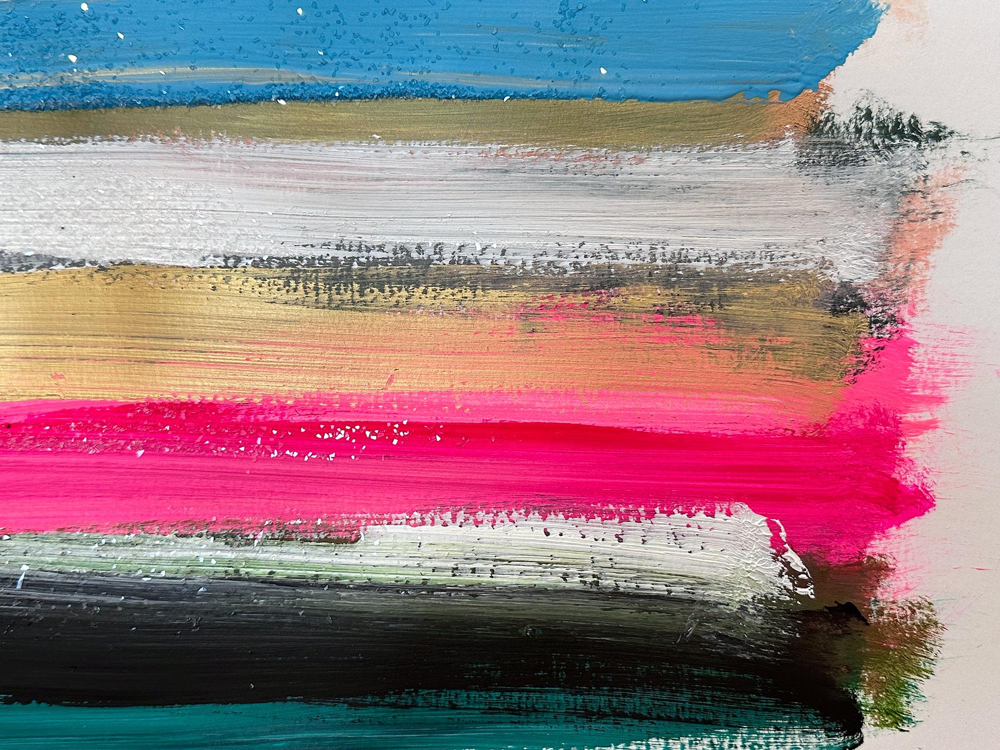 Une œuvre à l'acrylique, à l'huile et à la poussière de diamant sur papier épais, avec une utilisation brillante de la couleur et de la texture. Nous nous concentrons sur la simplicité de la beauté dans l'instant, alors que Shaoul crée une palette