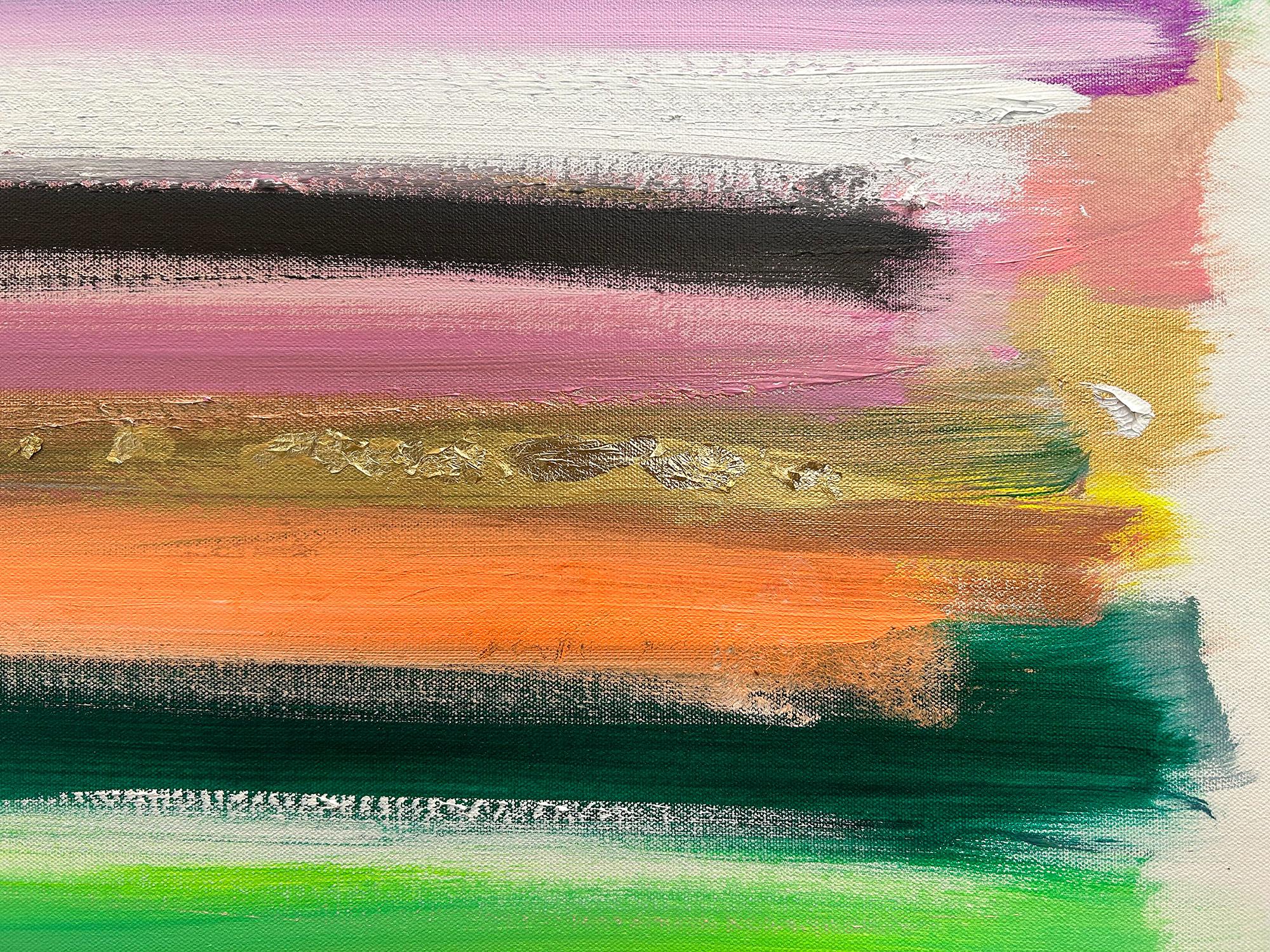 Une œuvre acrylique et feuille d'or sur toile avec une utilisation brillante de la couleur et de la texture. Nous nous concentrons sur la simplicité de la beauté dans l'instant, alors que Shaoul crée une palette translucide mais très colorée avec