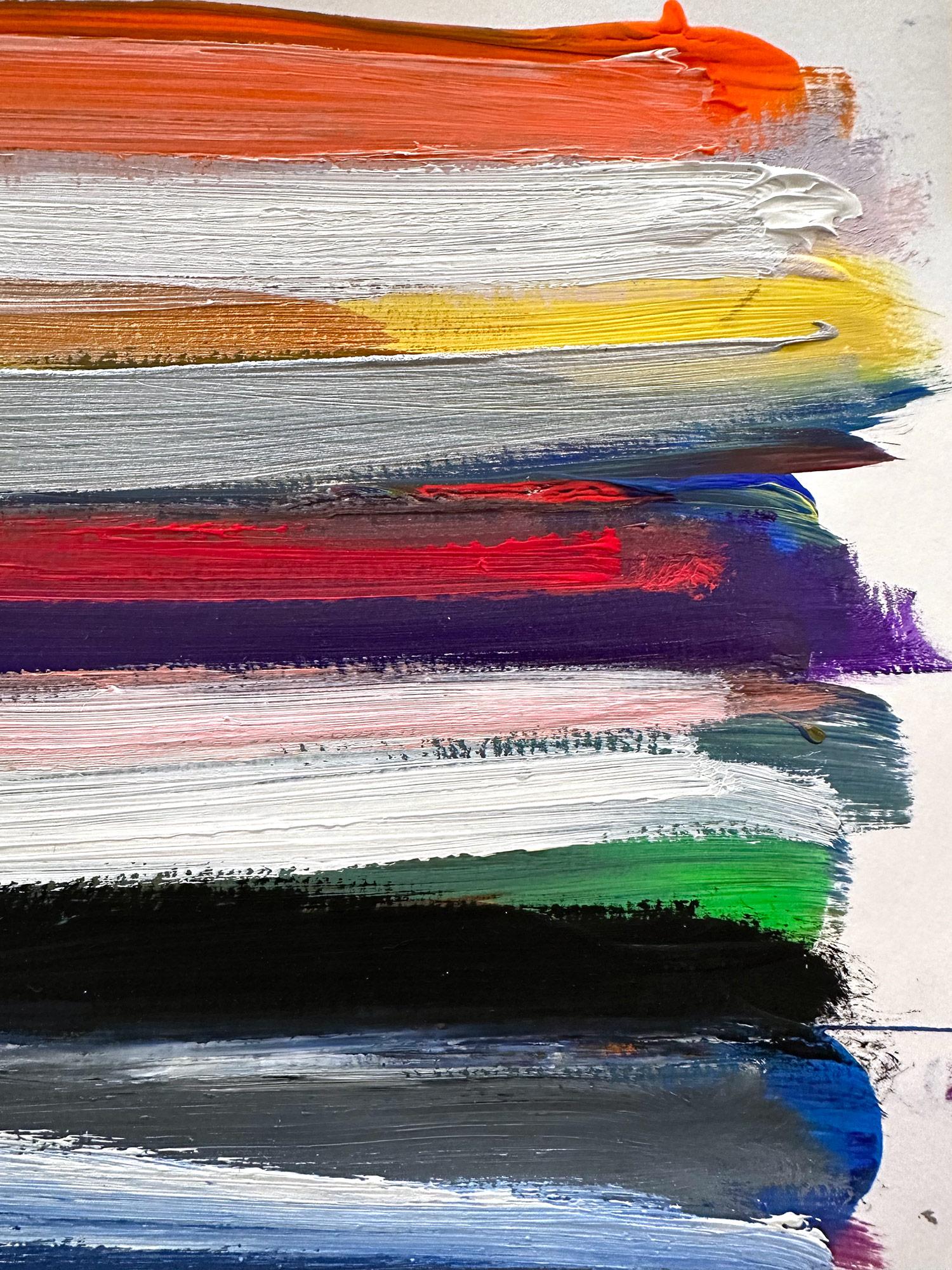 Ein Werk in Acryl und Öl auf schwerem Papier mit leuchtenden Farben und Texturen. Wir konzentrieren uns auf die Einfachheit der Schönheit des Augenblicks, während Shaoul eine durchscheinende, aber sehr farbenfrohe Palette mit dickem Farbauftrag