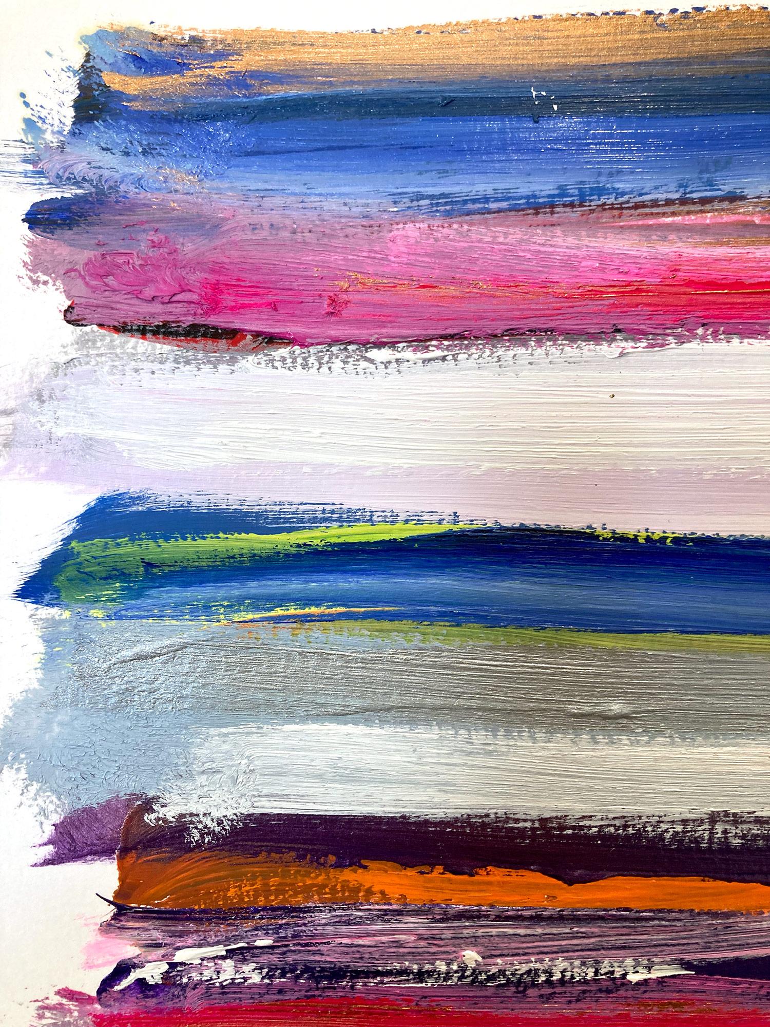 An acrylic and oil on heavy weight paper piece with bright use of color and texture. We are focused on the simplicity of beauty in the moment as Shaoul creates a translucent but very colorful pallet with thick use of paint, bringing us to Summers in