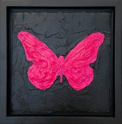 "My Hot Pink Butterfly" Contemporary Pop Art Oil Painting w Black Floater Frame