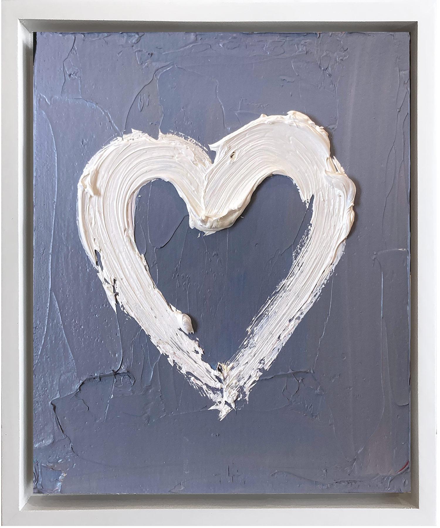 Abstract Painting di Cindy Shaoul - "Il mio cuore umile" Pittura ad olio Pop Art grigio ardesia con cornice bianca fluttuante