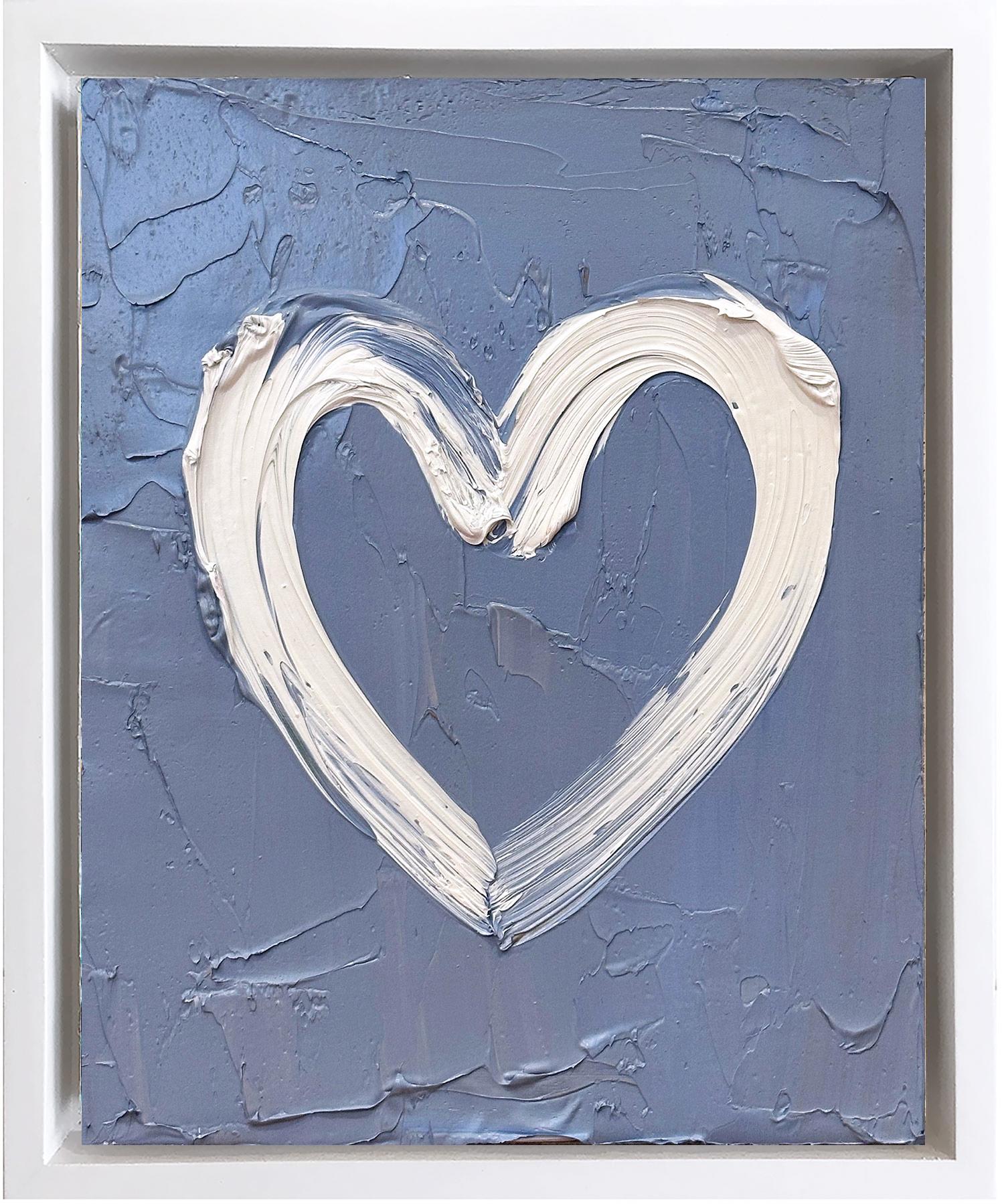 Cindy Shaoul Abstract Painting - "My Humble Heart" Steel Blue Contemporary Pop Art Oil Painting w Floater Frame