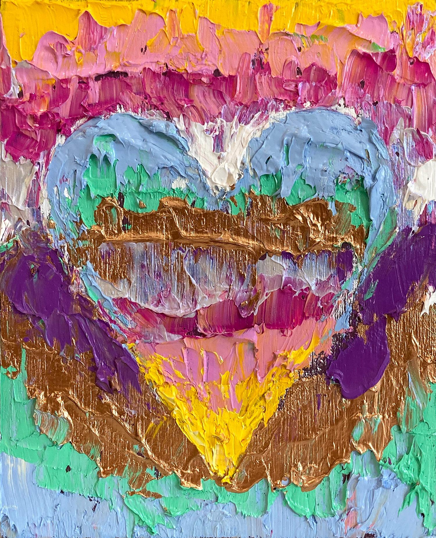 Mehrfarbiges Pop-Ölgemälde „My Versace Heart“ auf Holz mit weißem Floater-Rahmen, Pop-Ölgemälde – Painting von Cindy Shaoul