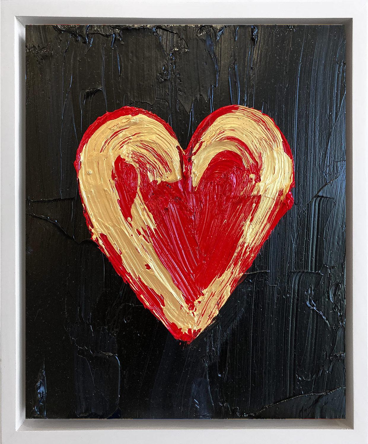 Cindy Shaoul Abstract Painting - "My Infinite Heart" Black Red and Gold Contemporary Oil Painting w Floater Frame