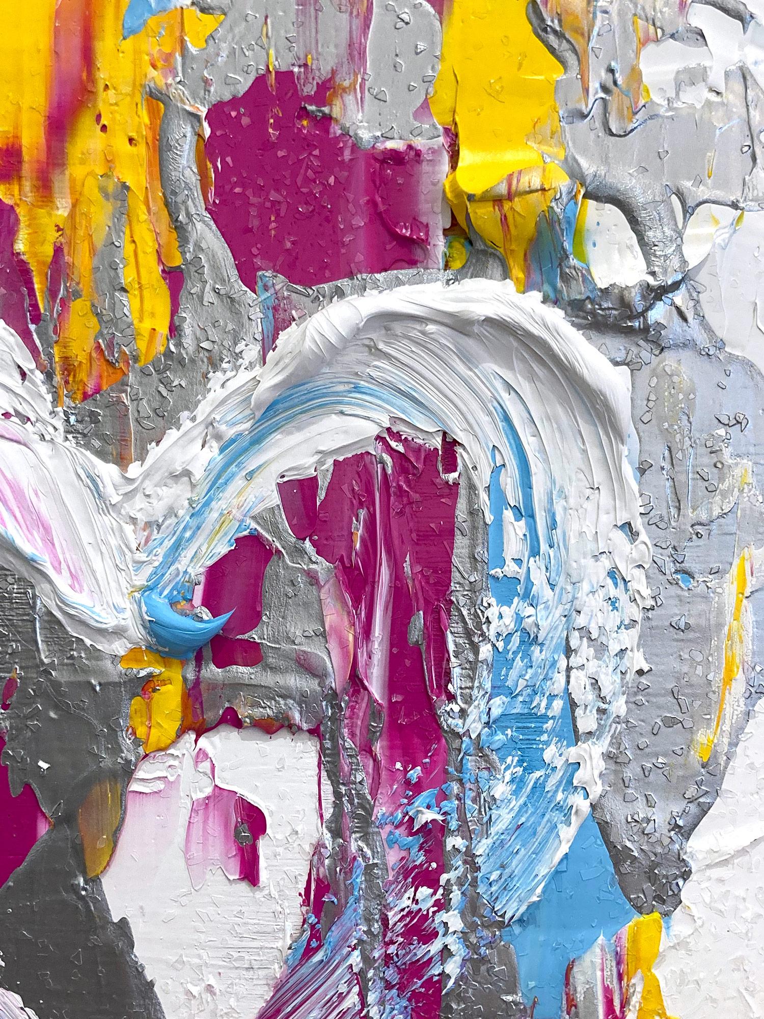 « My Jimmy Choo Heart », peinture à l'huile pop colorée en bois, cadre flottant blanc - Blanc Abstract Painting par Cindy Shaoul