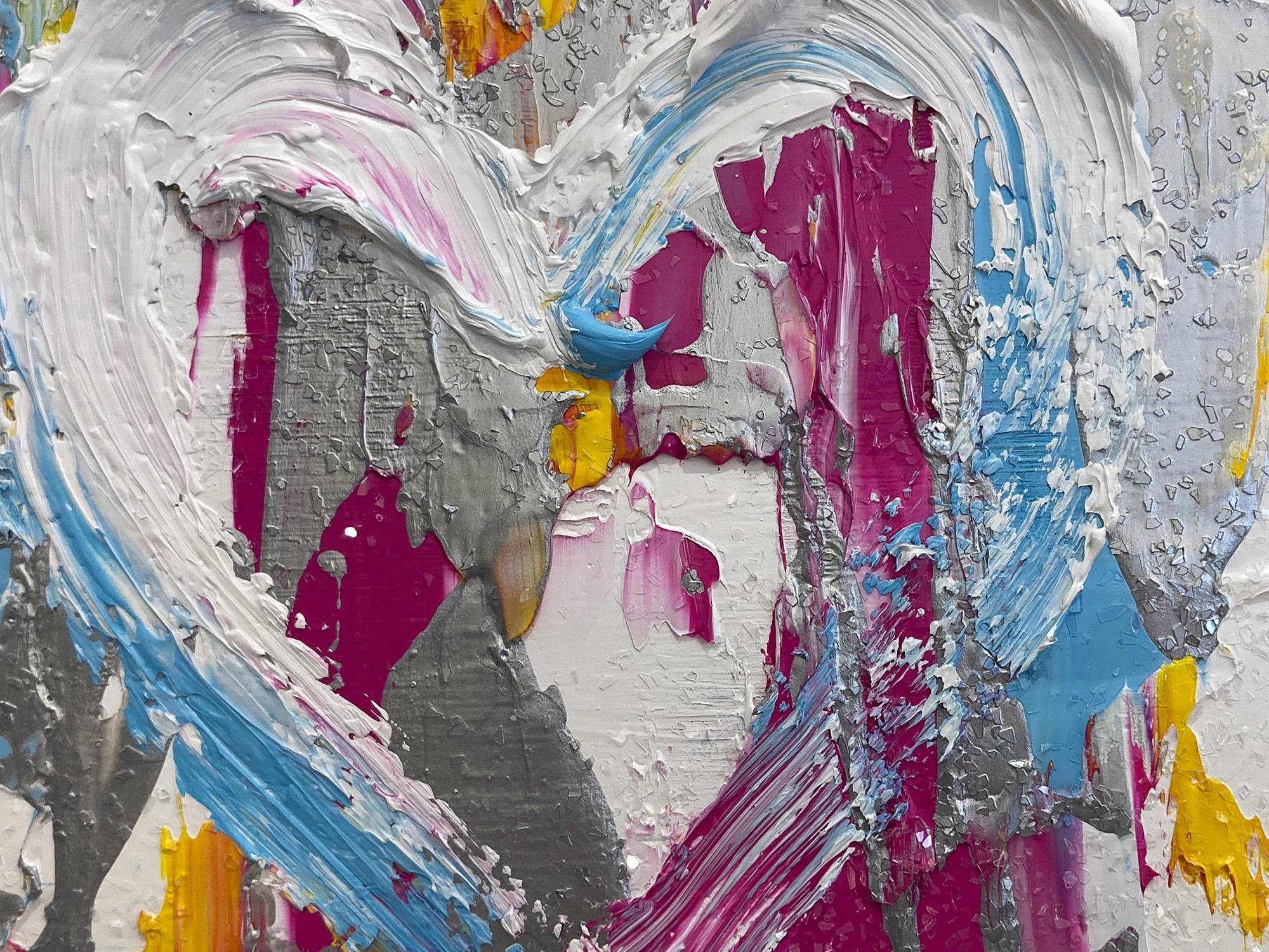 « My Jimmy Choo Heart », peinture à l'huile pop colorée en bois, cadre flottant blanc en vente 1