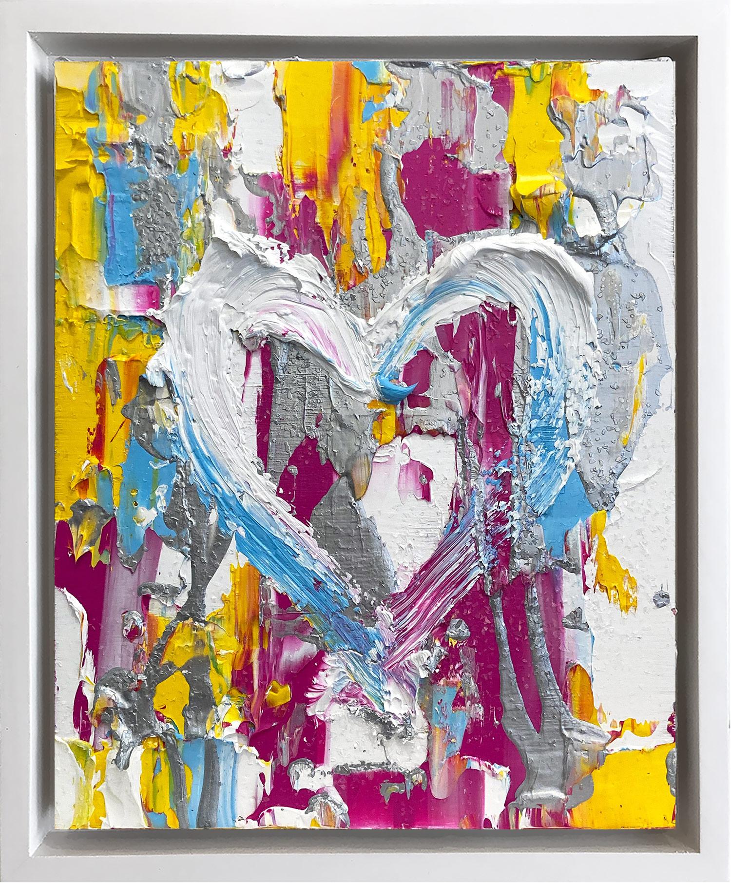 Abstract Painting Cindy Shaoul - « My Jimmy Choo Heart », peinture à l'huile pop colorée en bois, cadre flottant blanc