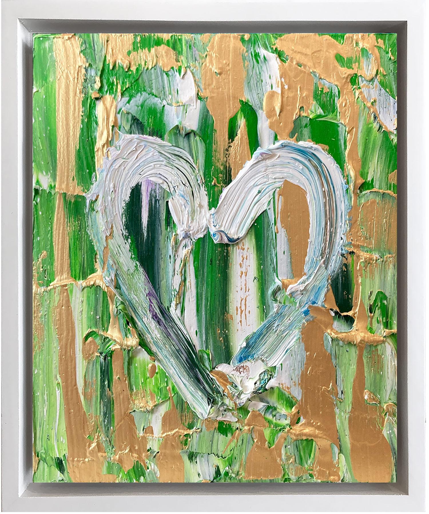 Cindy Shaoul Figurative Painting - "My KAWS Heart" Green & Gold Colorful Pop Art Oil Painting White Floater Frame