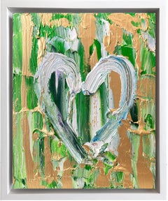 « My KAWS Heart », peinture à l'huile pop art colorée verte et or, cadre flottant blanc