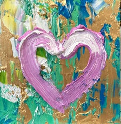 "My Kiss Me Heart" Pink Gold & Green Pop Art Oil Painting in White Floater Frame