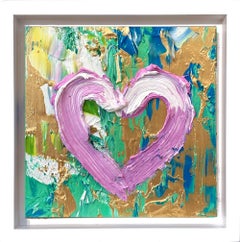 "My Kiss Me Heart" Pink Gold & Green Pop Art Oil Painting in White Floater Frame