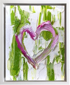 Used "My Kiss Me Heart" Pink, Green & White Oil Painting with White Floater Frame
