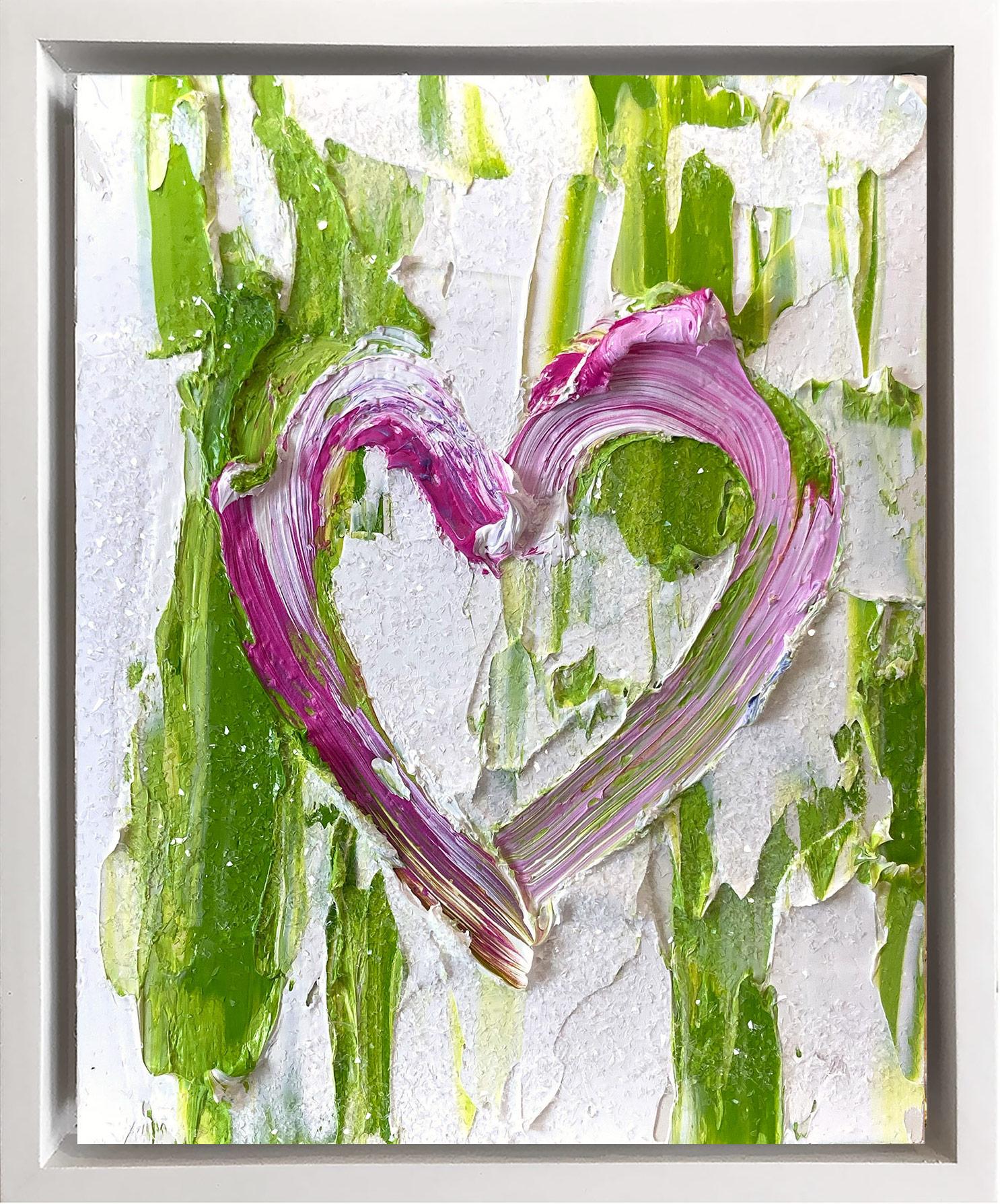 Cindy Shaoul Figurative Painting - "My Kiss Me Heart" Pink, Green & White Oil Painting with White Floater Frame