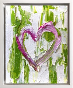 „My Kiss Me Heart“ Rosa, Grün & Weißes Ölgemälde mit weißem Floater-Rahmen