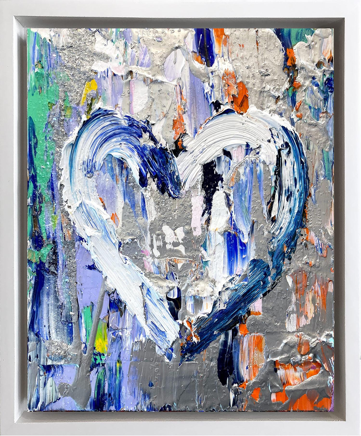 Abstract Painting de Cindy Shaoul - "My Kiss N' Fly Heart" Pintura al óleo de colores sobre madera con marco flotante blanco