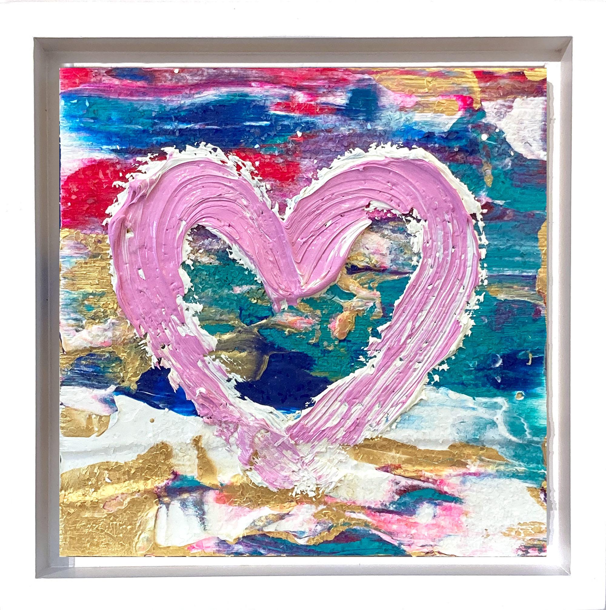 "My Kiss n Fly Heart" Peinture à l
huile Pop Art colorée dans un cadre flottant blanc