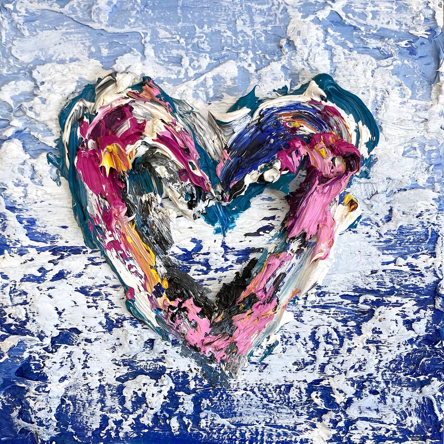 „My Kiss n' Fly Heart“ Buntes Pop-Art-Ölgemälde mit weißem Floater-Rahmen – Painting von Cindy Shaoul