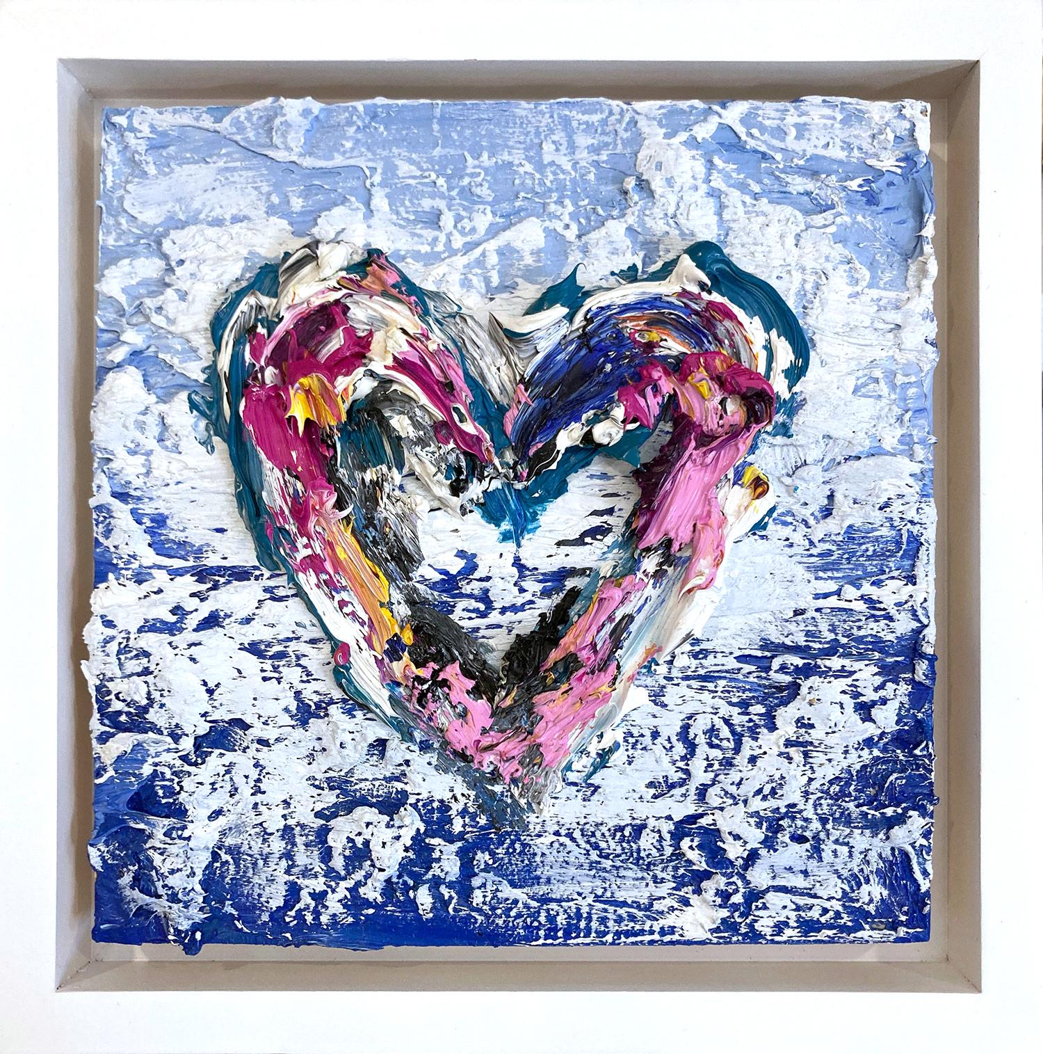 Cindy Shaoul Abstract Painting - "My Kiss n' Fly Heart" Colorful Pop Art Oil Painting with White Floater Frame