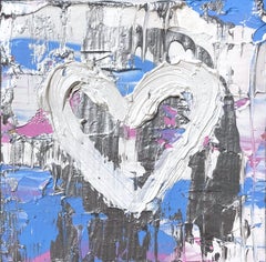 « My Twinkling Heart », peinture à l'huile pop art bleu argenté et rose avec cadre flottant
