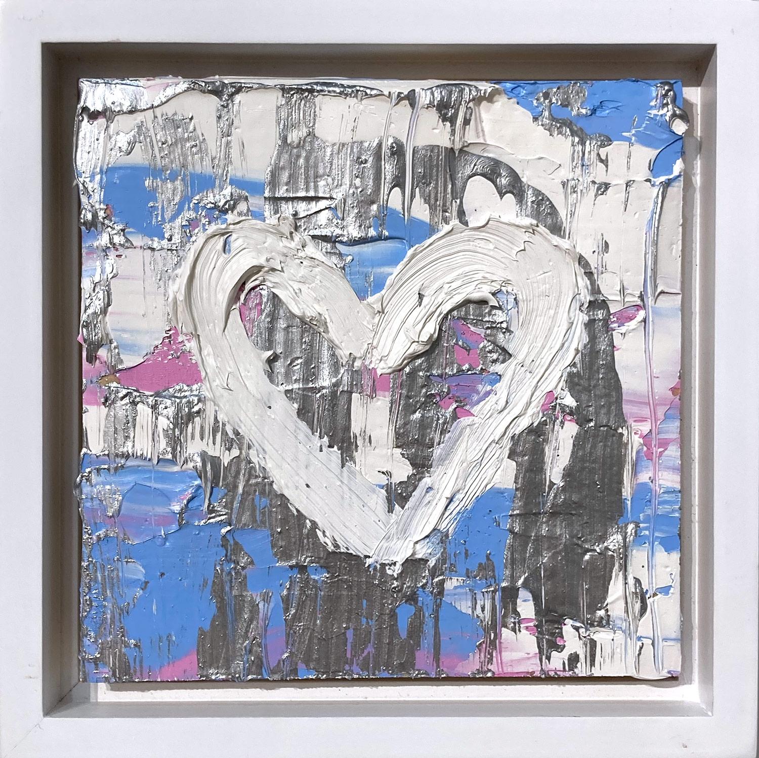 « My Twinkling Heart », peinture à l'huile pop art bleu argenté et rose avec cadre flottant