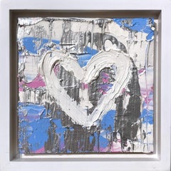 "Il mio cuore scintillante" Pittura ad olio pop art in argento, blu e rosa con cornice galleggiante