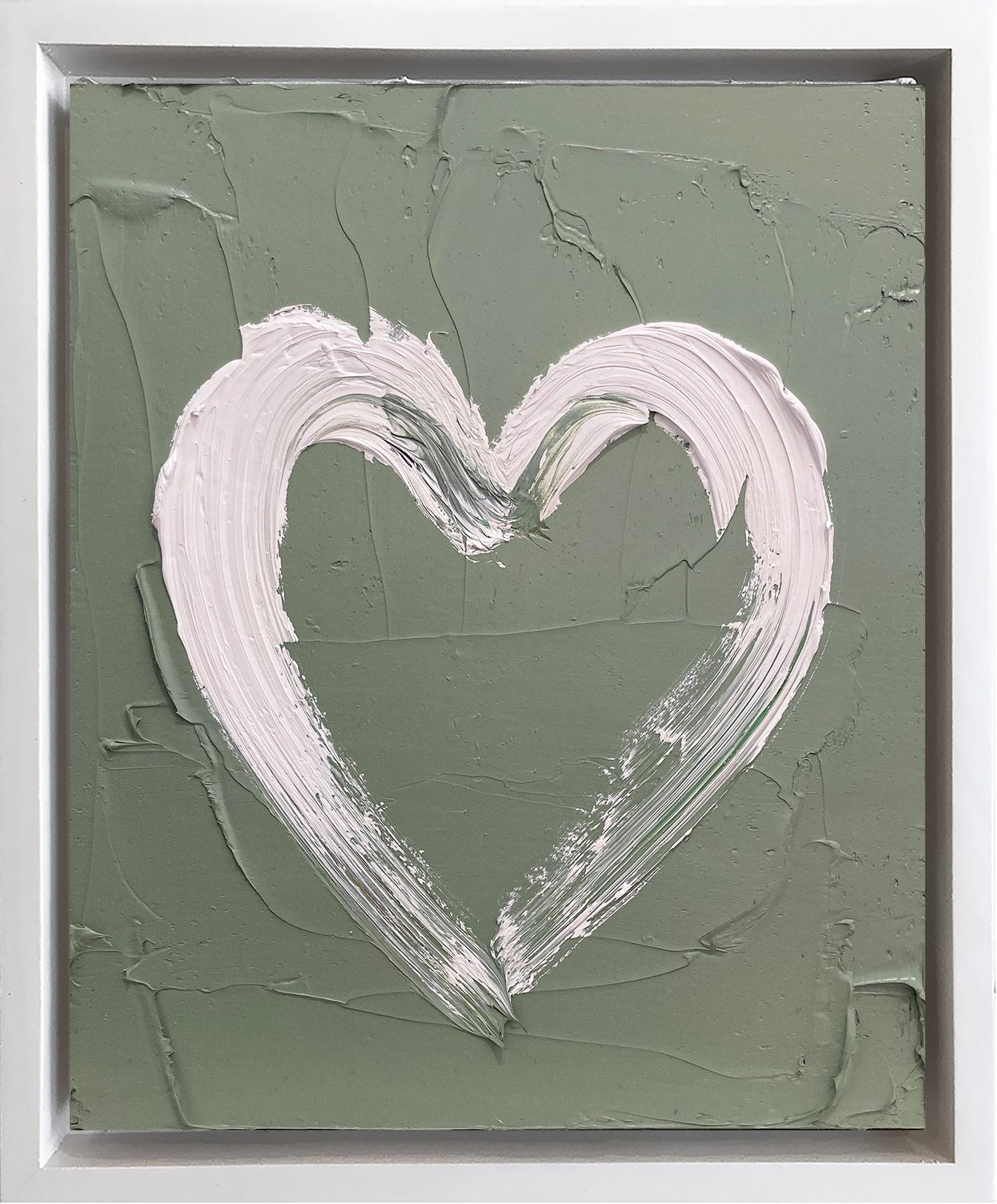 Abstract Painting di Cindy Shaoul - "Il mio cuore verde chiaro" Pittura a olio pop su legno con cornice bianca fluttuante